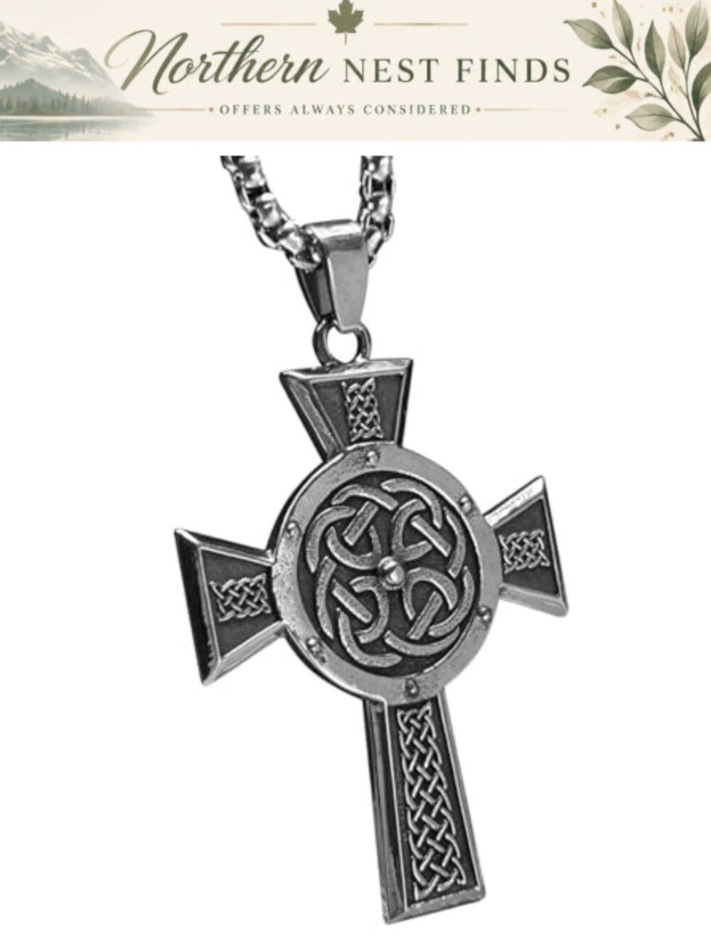 Celtic Knot Cross Pendant Necklace Stainless Steel Men Women Norse